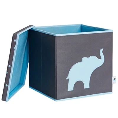 Immagine di LOVE IT STORE Cubo Portaoggetti Con Coperchio Tessuto Resistente Pieghevole Rinforzi In Legno Kallax Contenitori 33x33x33cm Grigio Fantasia A Elefante Blu