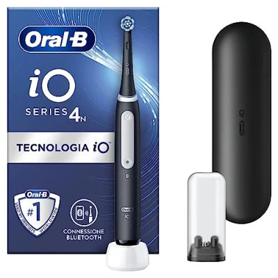 Immagine di Oral B Spazzolino Elettrico Ricaricabile iO 4N, Sensore di Pressione, Connessione Bluetooth, 4 Modalità Spazzolamento, 1 Testina, Spazzolino, Custodia da Viaggio, Nero, Idea Regalo