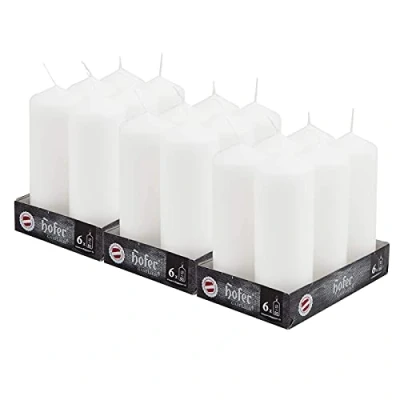 Immagine di Hofer Candele Cilindriche a Colonna 6 x 16,5 cm Colore Bianco Set di 18 Grandi Lunga Durata: 54 Ore Non Profumate Cera Antigoccia Qualità RAL