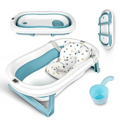 Immagine di Einesin Grande Vaschetta Bagnetto Neonato Pieghevole(con Termometro ad Acqua),Vasca Antiscivolo Portatile con Cuscino e Tazza di Shampoo ecc. Blu