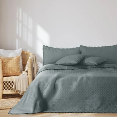 Immagine di AmeliaHome copriletto con pompon 220 x 240 cm, double face, trapuntato, in poliestere, colore: grigio Meadore