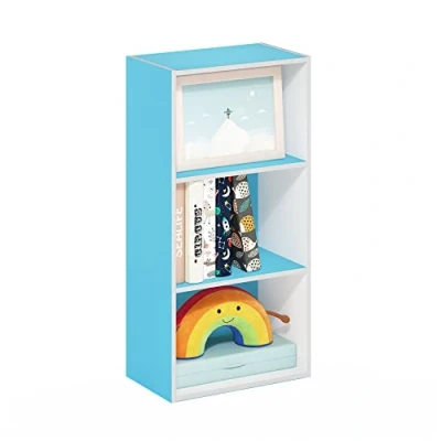Immagine di Furinno Luder Libreria a 3 Ripiani Aperti, Legno ingegnerizzato, Azzurro/Bianco, Livelli 40 cm