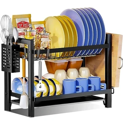 Immagine di MAISITOO Scolapiatti Nero, 2 Ripiani, da Lavello in Acciaio Inox, Appoggio per Lavello, con Vassoi di Scarico, Scaffale Tagliere e Portaposate