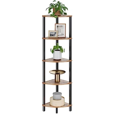 Immagine di VASIHO scaffalatura angolare, libreria a 5 Livelli, scaffale Scala, per Piante, Cucina, Soggiorno, Design Industriale, Vintage, Marrone Nero JSJ001HV1