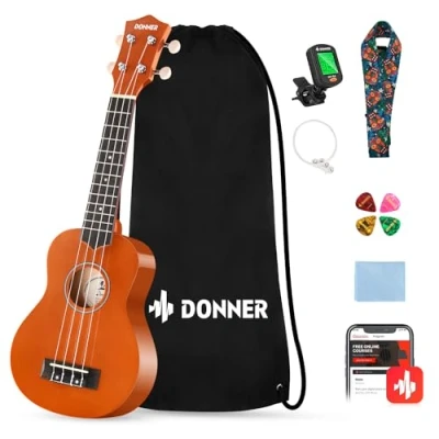Immagine di Donner Ukulele per Principiante Soprano Kit 21 Polllici con Custodia Corde Ukelele Hawaiano Online Lezione Colore Mogano