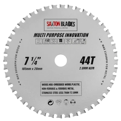Immagine di Saxton TCT TCT18544TMPT20B Lama per sega circolare multiuso, 185 mm x 44 denti 20 foro (anello da 16 mm), adatta legno e metallo, compatibile con Evolution Bosch, Dewalt, Ryobi, Makita, ecc