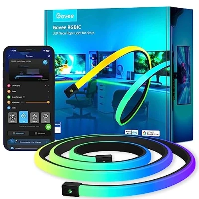 Immagine di Govee RGBIC striscia LED neon per scrivania da gioco, 5 m, luce morbida, ritagliabile, targa compatibile con Razer Chroma, 11 musica, 64+ scena, controllo app RGB