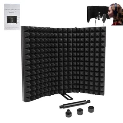 Immagine di Locisne Microphone Isolation Shield, Unfold 180 pieghevole Studio Mic Sound Absorbing Foam Reflector Shield professionale per Tabletop Countertop Stand Recording Equipment Studio, nero