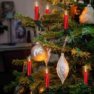 Immagine di hellum catena luminosa con 20 mini fusto spina, per albero di Natale, luci a luce bianca calda, cavo verde, candele rosse, lunghezza totale 12,5 m 2 x 1,5 m,