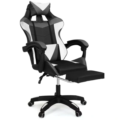 Immagine di Sedia da gioco regolabile e reclinabile con poggiapiedi cuscini in nero, bianco grigio IDMarket