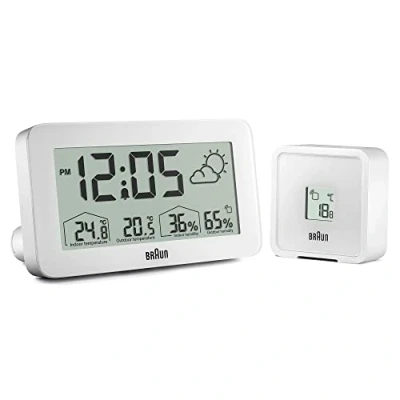 Immagine di Braun Orologio digitale con stazione meteorologica temperatura e umidità interna ed esterna, previsioni, display LCD, impostazione rapida, allarme sonoro in crescendo, bianco, modello BC13WP.