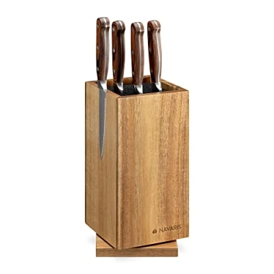 Immagine di Navaris Ceppo Portacoltelli Magnetico Universale Legno Acacia Contenitore Porta Coltelli Girevole Setole Posacoltelli Poggia Coltello Verticale