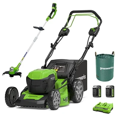 Immagine di Greenworks GD24X2LM46SPK4X Tagliaerba Semovente a Batteria per Prati Fino 480m²,Tagliabordi G24LT30M, Sacco da giardinaggio 120l,CON Due Batterie 4Ah e Caricabatterie Doppio