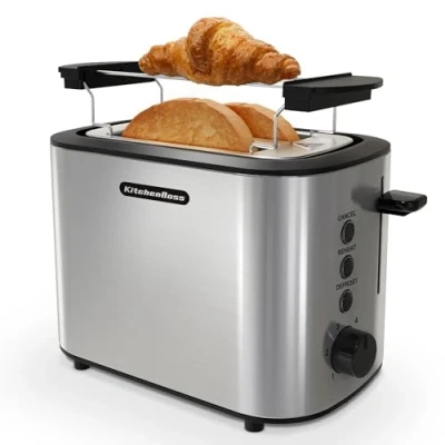 Immagine di KitchenBoss Tostapane 2 Fette：Toaster 6 Livelli di Tostatura, Toaster Acciaio Inox 870W, con Cassetto Raccoglibriciole e Griglia per il Pane, Funzione Spegnimento Auto Sbrinamento