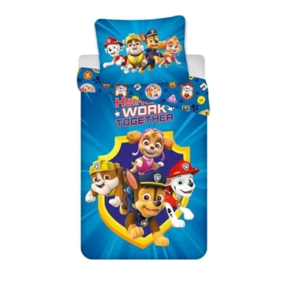 Immagine di Parure da letto Pat Patrol reversibile, copripiumino 140 x 200 cm + federa 65 cm, 100% cotone, blu, con Chase, Marcus, Stella e Ruben