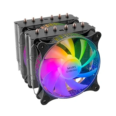 Immagine di Mars Gaming MCPU XT, Dissipatore CPU, Raffreddamento Doppia Torre, 6 Heatpipes HCT, TDP 300W, 2x Ventole ARGB PWM 120mm, Nero
