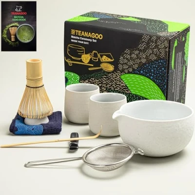 Immagine di TEANAGOO Matcha Whisk set Ciotola con beccuccio in bambù Scoop Holding Tea Making Kit. 1 da tè giapponese (7 pezzi) +2 tazze, S3, grigio chiaro
