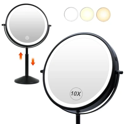 Immagine di TUSHENGTU specchio da trucco illuminato 22,9 cm, ingrandimento 10x/1x, nero, con luci, regolabile in altezza, ricaricabile, luci LED, a doppia faccia 360 3 colori
