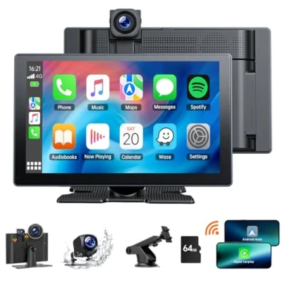 Immagine di Volam 9 Pollici Wireless A pple Carplay Android Auto con 4K+1080P Doppio Dash Cam, Telecamera per Auto, Autoradio Portatile Car Audio Radio Bluetooth, Controllo Vocale, GPS, Mirror Link