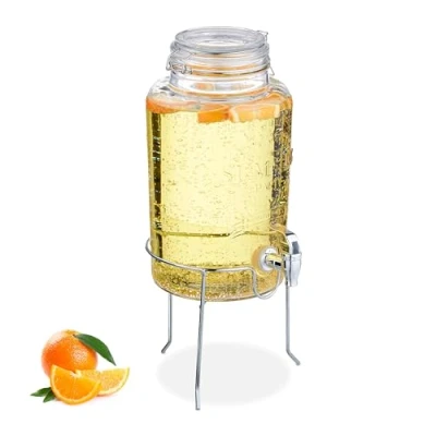 Immagine di Relaxdays Dispenser in Vetro per Bevande, Erogatore 5 L Rubinetto, Coperchio e Rialzo, Distribuitore Acqua Limonata