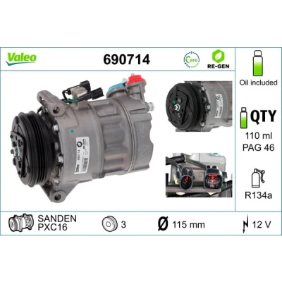 Immagine di VALEO 690714 compressore Aria Condizionata PXC16 12 PAG 46 R 134a con olio VOLVO: V60 I, XC60 XC70 II Station Wagon