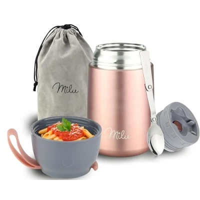 Immagine di Milu Thermo per Alimenti 650 ml Contenitore Termico di Acciaio Inossidabile, Isotermico Sottovuoto Cibi Caldi e Freddi (Oro rosa, 650ml)