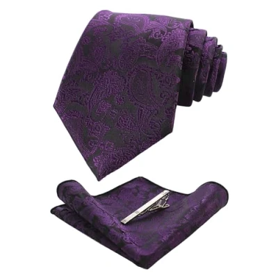Immagine di JEMYGINS Cravatta Uomo Viola2 in Seta Paisley Design Diversi Colori cena di gala con Fazzoletto e Fermacravatta
