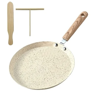 Immagine di Crepe padella con rivestimento antiaderente da 22 cm: per pancake, in alluminio pressofuso, distributore di pasta e pala legno, altre fonti calore induzione (albicocca)