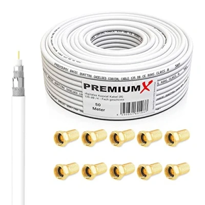 Immagine di Premium X BASIC Cavo coassiale da 50m Ricezione perfetta con schermatura in alluminio quadrupla 135dB Compatibile DVB S / S2, C, T, BK impianti Inclusi 10 connettori F