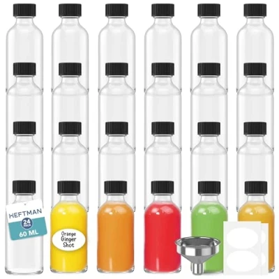 Immagine di HEFTMAN Bottigliette di Vetro Piccole 24 Pezzi Mini Bottiglie da 60 ml con 3 Imbuti ed Etichette, Riutilizzabili, Trasparenti Liquore Oli, Zenzero, Liquori