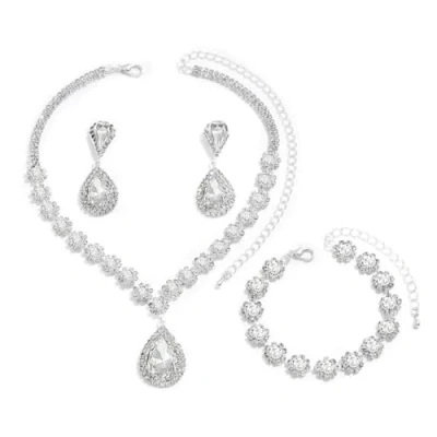 Immagine di FDEETY Parure Gioielli Donna Elegante Semplice Set di Sposa Ciondolo da con Strass Grandi Collana Braccialetti Orecchini Regalo Gioielli(Argento)