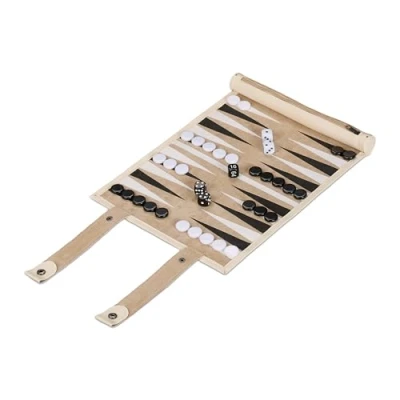 Immagine di Relaxdays Backgammon da Viaggio, Campo Gioco LxP: 32 x 26 cm, Arrotolabile, con Pedine e Dadi, Aspetto Pelle, Beige, Ferro, Plastica