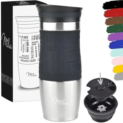 Immagine di Milu Tazza Termica da viaggio per caffè 370ml 450ml 100% a Prova di perdite Isolata e tè portare via bere in acciaio inossidabile Caldo freddo (Nero, 370ml)