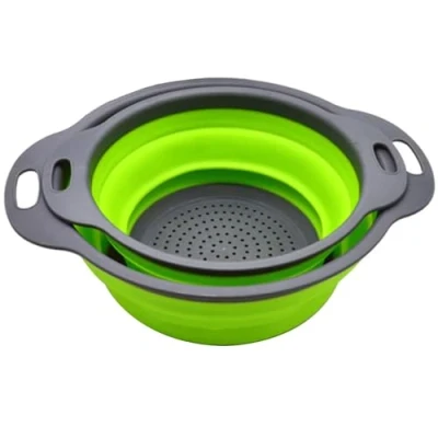 Immagine di Scolapasta pieghevole, set di 2 colini pieghevoli, salvaspazio, in silicone alimentare, colino pieghevole con manico (verde)