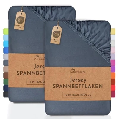 Immagine di NatureMark Confezione da 2 lenzuoli con angoli elasticizzati, in jersey, 100% cotone, diverse misure e colori, qualità di marca, Öko Tex Standard 100, 140 x 200 cm, 160 antracite/argento