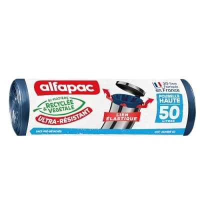 Immagine di Alfapac 10 sacchetti della spazzatura 50 L ad alta legatura elastica ultra resistente fabbricati in Francia Bimateriale riciclato &amp; vegetale