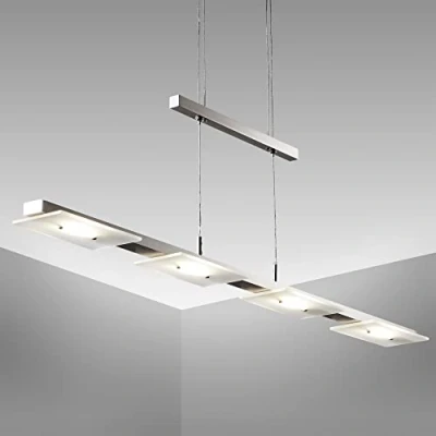 Immagine di B.K.Licht Lampada a sospensione LED, Lampadario moderno da soffitto per cucina o sala pranzo, luce bianca calda, metallo color nickel opaco e vetro, incl. 4 piastre LED integrate 4.5W 230V IP20