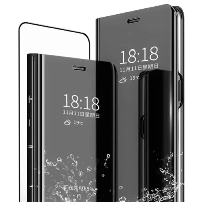 Immagine di MLOTECH Cover per Huawei P30 Custodia + Vetro temperato Flip Traslucido Clear View Specchio Standing Anti Shock Placcatura Nero