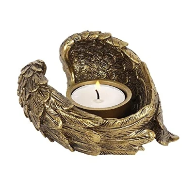 Immagine di Splendido portacandele in resina oro antico a forma di ala d&#039;angelo, 5 cm x 11 (1 pezzo), design unico celeste, materiale durevole, ottima decorazione per casa e ufficio