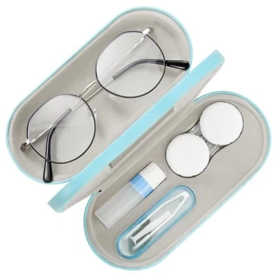 Immagine di MoKo Custodia Occhiali, Porta Occhiali in Pelle con 2 Scompartimenti, Chiusura a Cerniera, Dim 15x7,4x1,97 cm, Accessori Universale per da Sole, Lettura, Azzurro
