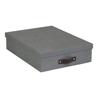 Immagine di Bigso Box of Sweden Organizer scrivania per fogli A4, cancelleria e altro Scatole portadocumenti con coperchio maniglia ufficio in cartone carta elegante effetto lino grigio