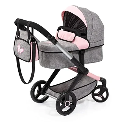 Immagine di Bayer Design 17033AA Passeggino per Bambole Xeo, Carrozzina, Manubrio Regolabile in Altezza e Girevole, Convertibile, Borsa, Colore Grigio, Rosa, Farfalla