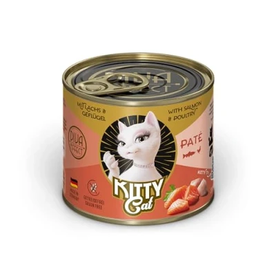 Immagine di KITTY Cat Paté salmone &amp; Pollame, 6 x 200 g, Cibo umido per gatti, senza cereali con taurina, olio di e cozze dalle labbra, mangime completo ad alto contenuto carne, Made in Germany