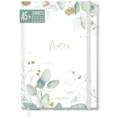 Immagine di Trendstuff by Häfft,Taccuino A5+, fogli a quadretti, con elastico, 156 pagine, 78 fogli, utilizzabile come blocco per schizzi, diario, sostenibile e emissioni zero, motivo: foglie dorate