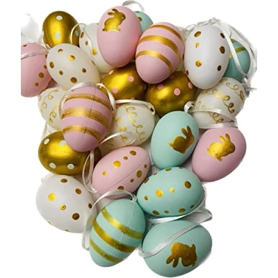 Immagine di khevga Decorazione pasquale: uova di Pasqua con nastro da appendere, viola, set 24 pezzi