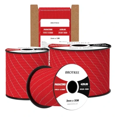 Immagine di Brotree Paracord 3mm 15M Corda 100% Nylon Tipo II 3 Fili 425 per Esterno, Artigianato, Fatto a Mano 192 kg Carico di Rottura (Riflettente Rosso)