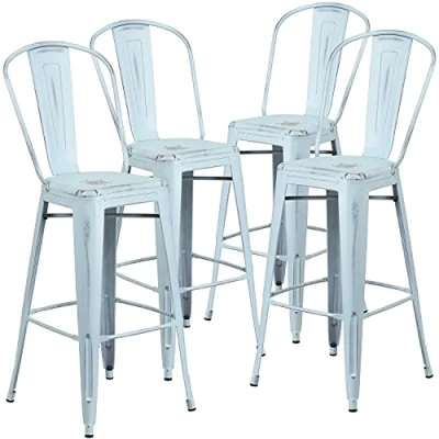 Immagine di Flash Furniture Confezione da 4 sgabelli Bar in Metallo Invecchiato per Interni ed Esterni con Schienale Alto 76,2 cm, Verde/Blu, Set di 4, unità