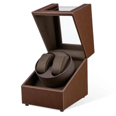 Immagine di Mcbazel Carica Orologi Automatici in Pelle, Scatola per Due Orologi, Cofanetto con Unità Rotante Silenziosa a Mode di Rotazione Marrone