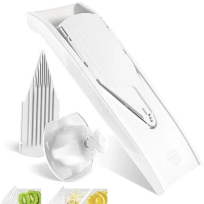 Immagine di Börner Affettaverdure V1 (Set Base) Affettatrice a V con 2 Inserti &amp; Portaverdure Mandolina Regolabile per Verdure Frutta Tagliaverdure Fette in 3 Spessori Bianco
