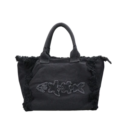 Immagine di F**K Borsa mare nera da donna con bordi sfrangiati e logo UNI